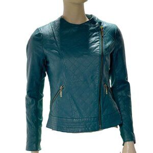 Iman Teal Leather Asymmetrical Moto Jacket XS Zipper Pockets Womens Size Small